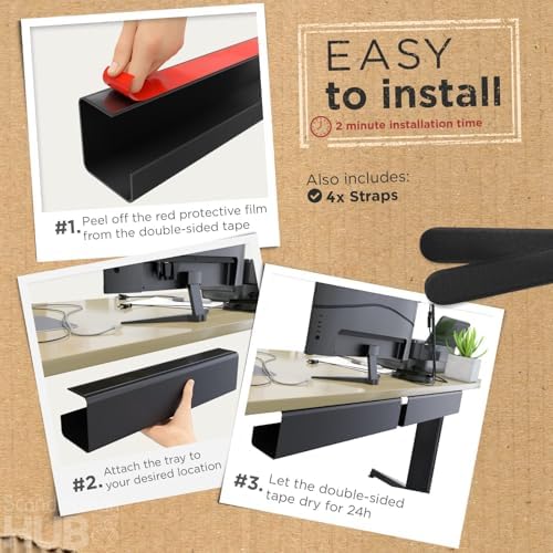 Scanfield Under Desk Cable Management Tray, No-Screw, 17-Inch, 4-Pack Black - Image 3