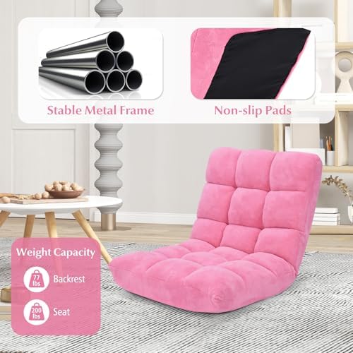 14-Position Lazy Sofa Chair with Soft Coral Fleece, Folding Gaming Chair, Couch Recliner, Floor Seat for Reading, Meditating, Yoga, Gaming (Pink) - Image 6
