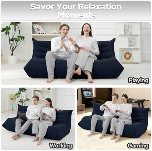 HABUTWAY Bean Bag Chairs Fireside Lazy Floor Sofa,3 Seater,Navy Blue | Soft Teddy Fleece 3 Seater Sofa with High-Resilience Foam Filling，Beanbag for Living Room, Bedroom, Office - Image 5