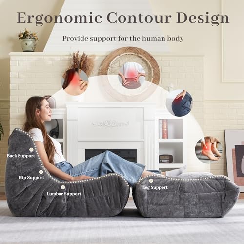HABUTWAY Bean Bag Ottoman,Memory Foam Foot Rest,Ottoman,Grey | Fireside Chair Ottoman,Memory Foam Lazy Bean Bag Sofa for Living Room,Bedroom,Dorm,Office - Image 4