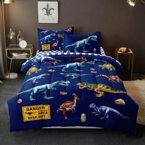 Kid Twin Comforter Set - 5 Pcs Dinosaur Bedding Set for Boys, Blue - Image 3