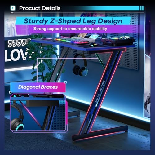 BestOffice Gaming Desk 35 in PC Computer Desk Z Shaped Gaming Workstation Ergonomic Gaming Table with Headphone Hook for Home Office,Black&Blue - Image 7