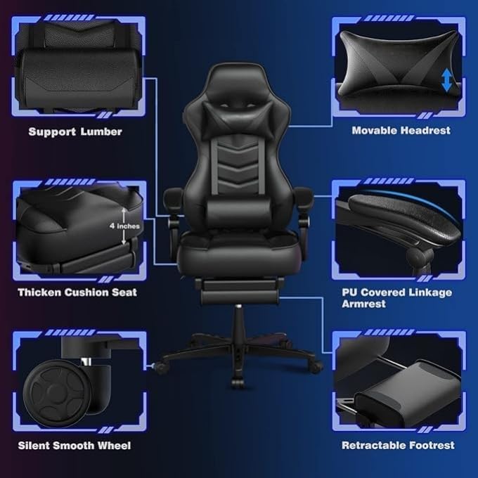 ELECWISH Ergonomic Gaming Chair, Reclining Computer Chair, Black | Widen Thicken Seat, Footrest, Lumbar Support, Headrest, Big and Tall, PU Leather, High Back Office Chair, Adults, Home Office - Image 4