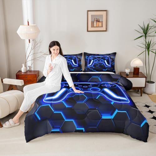 Erosebridal Gaming Comforter Set Neon Honeycomb Gamer Girl Toddler Bedding Set, Retro Game Console Comforter Blue Hexagon Lights Quilt,Gamer Room Decor for Boys - Image 3