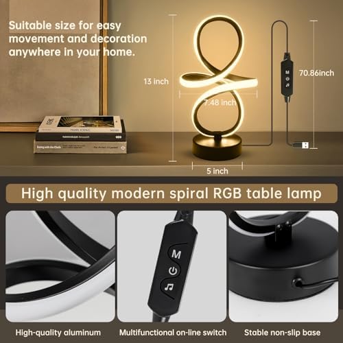 Modern RGB Table Lamps, 7 Colors 10 Light Spiral Bedside Lamp with Remote&APP, Cool Table Lamp, Dimmable LED Nightstand Lamp with Scene/Music Modes for Bedroom, Living Room, Christmas Gifts Black - Image 5