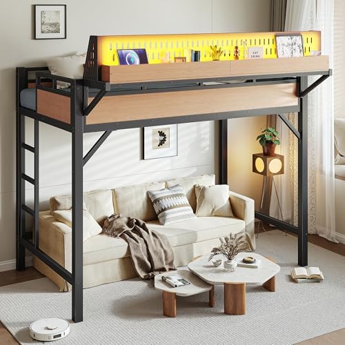 KEIKI Twin XL Loft Bed Frame with Storage Shelves & Pegboard, Metal Loft Bed with USB Ports and LED Lights, Space Saving Loft Bed for Kids Teens Dorm Rooms Apartments Gaming Setup & Small Bedrooms - Image 4