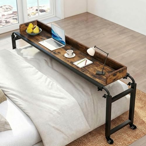 Tangkula Overbed Table with Wheels, Queen Size Mobile Bed Desk with Adjustable Height & Length, Rolling Computer Desk with Metal Frame, Laptop Cart for Bedroom, Living Room, Hospital (Rustic Brown) by TANGKULA