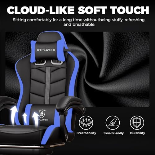 GTPLAYER Gaming Chair, Ergonomic Game Computer Chairs with Foot Rest for Adults, Adjustable PC Game Chair with Reclining Function and Comfortable Headrest for Home and Office Use (Blue) - Image 5