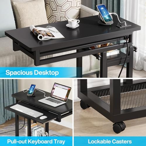 Tribesigns Small Portable Desk with Power Outlet, Height Adjustable Sofa Couch Bedside Laptop Table with Wheels, Mobile Standing Desk Rolling Computer Cart C Side Table with USB Ports - Image 7