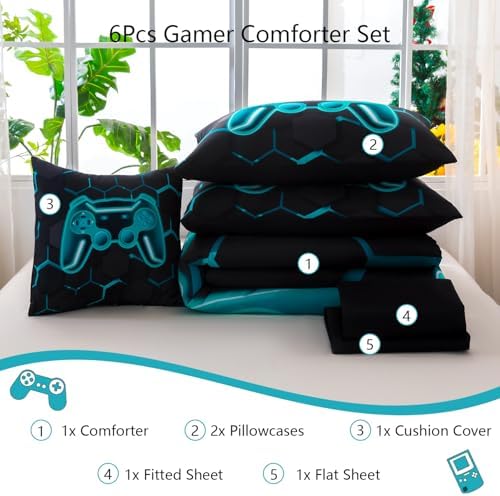 Game Console Teal Comforter Set Twin Size 6 Pieces Kids Gamer Bed in A Bag Gaming Bedding Set for Boys Girls 3D Video Games Lake Blue Bed Comforter Set with Sheets (Teal, Twin) - Image 4