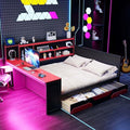 Merax Queen Size Gaming Daybed with Integrated Desk and Lights, Wooden Platform Bed Frame with 3 Storage Drawers and Built-in Charging Station, Multi-Functional Headboard Shelves, No Box Spring Needed by Merax