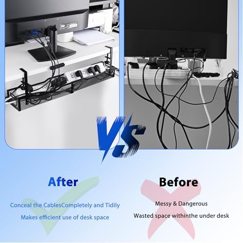 Under Desk Cable Management Tray 25.3 Inch, Clamp-On Cable Organizer Box for Standing Desks, No Drill Cord Management Under Desk, Large Desk Wire Organizer for Office & Home, Black - Image 5