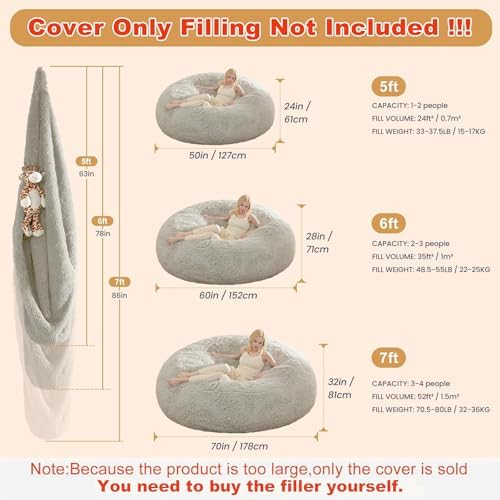 Large Bean Bag Chair Cover, Plush Bean Bags Chairs Cover Only Without Filler Included, Beanbag Chairs for Adults, Teens, Kids, 7FT, Light Grey - Image 2