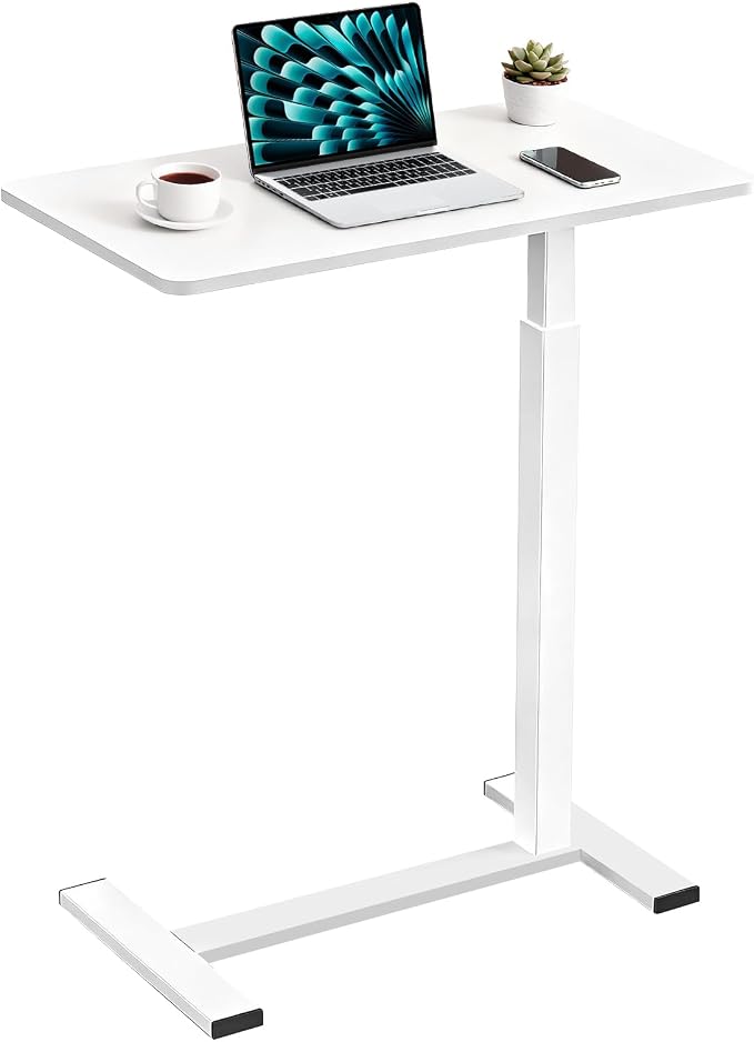 Large Pneumatic Hospital Bed Table,Hidden Wheels Adjustable Height C-Shaped End Table,Overbed Bedside Table with Wheels, Side Table for Sofa & Bedside(15.8''Wx31.5'D'x37.1''H,White) - Image 8
