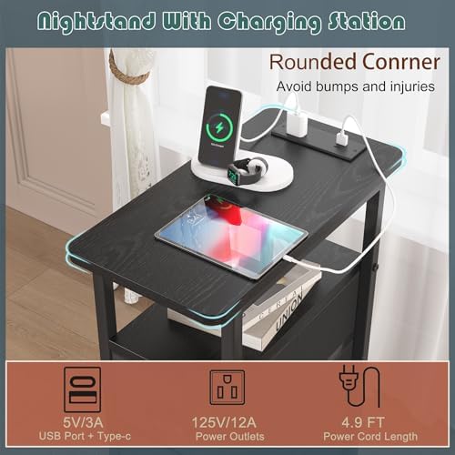 sthmec End Table with Charging Station,Narrow Side Tables with USB Ports and Outlets,Skinny Bedside Tables with 3 Drawers,Small Tables Nightstands for Small Space,Slim Sofa Table for Livingroom,Black - Image 4