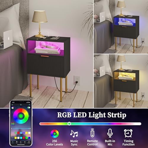 Modern Nightstand with Charging Station and LED Lights, Black Nightstand with Drawer, Fluted Nightstand for Living Room, Bedroom - Image 4