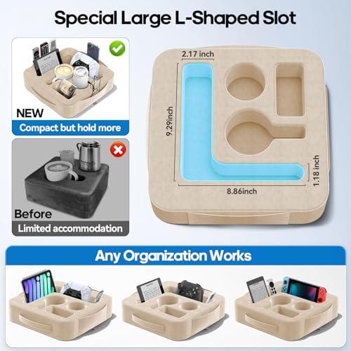 Couch Cup Holder Pillow, Sofa and Bed Caddy for iPad, Kindle, Switch, Game Controller, Remotes, Phones, Small-Sized Cup and Drink Holder for Couch, Bed, Desk, Car, Beach, Bathroom Cup Holder, Khaki - Image 3
