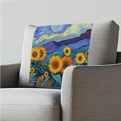Starry Night Sunflower Headrest Cover for Small Recliner 26x16 Inch 3 Pcs - Easy Install Decoration Polyester Slipcover, Non-Slip Breathable Protector with Nails for Home/Office by ZCFYGDX