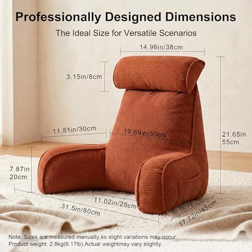 Pillow with Arms for Sitting Up in Bed, Reading Backrest Pillow, Corduroy Back Support Cushion with Side Pockets & Washable Cover, Bed Rest Pillow for Bed Sofa Couch Relax Support, Brick Red - Image 4