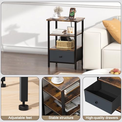 Side Table with Charging Station, Nightstand with Adjustable Fabric Drawer, Bedside Table for Bedrooms, Living Rooms & Home Decor (Brown Black) - Image 5