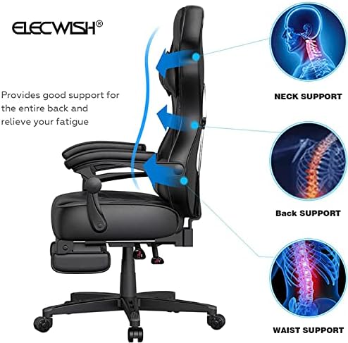 ELECWISH Ergonomic Gaming Chair, Reclining Computer Chair, Black | Widen Thicken Seat, Footrest, Lumbar Support, Headrest, Big and Tall, PU Leather, High Back Office Chair, Adults, Home Office - Image 6
