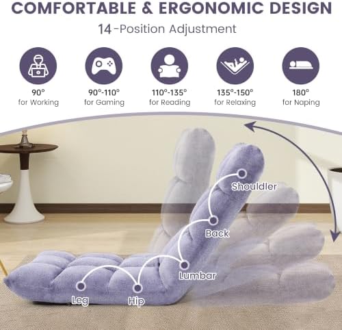 Murago Floor Chair with Back Support, 14 Adjustable Position, Light Grey | Japanese Meditation Folding Floor Seating, Gaming Chair Recliner with Comfy Cushion, for Adults, Living Room - Image 5
