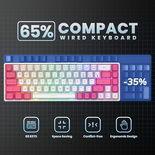 GEODMAER 65% Gaming Keyboard, LED Backlit Mini Wired Keyboard, Ultra-Compact Anti-Ghosting No-Conflict 68 Keys Membrane Gaming Wired Keyboard for PC Laptop Windows Gamer(White-Pink) - Image 4