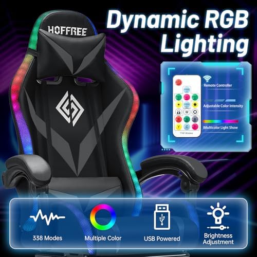 LED Gaming Chair with Speakers RGB Lights Massage Computer Chairs-Grey | Bluetooth Game Chairs for Adults;Ergonomic High Back Video Game Chair; Reclining Gamer Chair with Footrest Lumbar Support - Image 6