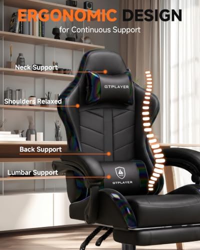 GTPLAYER Gaming Chair for Adults, Computer Chair with Footrest, Black | Ergonomic Video Game Chair with 90-155° Recline, Removable Headrest & Lumbar Support, All-Day Comfort for Home & Office - Image 4