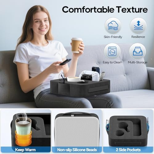 Couch Cup Holder Pillow, Sofa and Bed Organizer Caddy for iPad, Kindle, Switch, Game Controller, Remotes, Phones, Small-Sized Cup & Drink Holder for Couch, Bed, Desk, Car, Beach, Desk, Black - Image 5