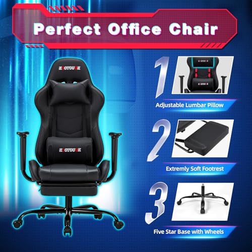 ECOTOUGE Black Ergonomic PC Massage Gaming Chair with Footrest | Reclining Racing PU Leather, Swivel Rocker, Headrest, Lumbar Pillow, Office Desk Chair, Adjustable Height, Sturdy Base - Image 6