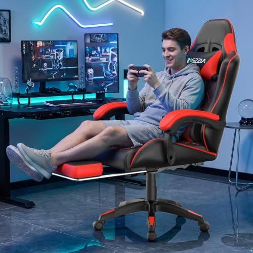 Bigzzia Ergonomic Gaming Chair with Footrest & Breathable PU Leather, Red - Image 2