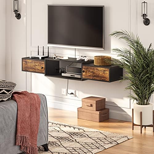 HOOBRO 55" Floating TV Stand with Power Outlet, Modern Wall Mounted Media Console Shelf Cabinet for Under TV Storage, Entertainment Center, Living Room, Bedroom, Rustic Brown and Black BF11DS01 - Image 3