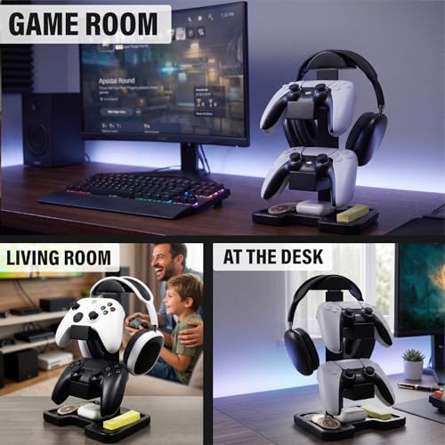 Gaming Equipment Headset Stand with Dual Controller Organizer Rack & Storage Base, Headphone Stand Gamer Gifts for Men Teenage Boy, Unique Gifts for Gamers to Organize Gaming Accessories (Black Wood) - Image 6