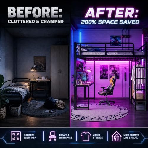 Bellemave Metal Queen Size Loft Bed with Desk and LED Lights,Heavy Duty Loft Bed Frame with Storage Shelves and Charging Station for Kids,Teens,Adults, Space Saving,Black - Image 5