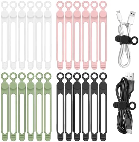 Silicone Cable Organizer Ties, Reusable Elastic Cord Ties 4.2in for Charging Cables, Electrical Cords Computer Wire Organization(24Pcs, 4Colors) by CozyNestMo