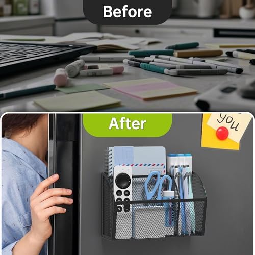 YINGHUA 3 Compartment Magnetic Metal Mesh Pen Holder, Black Desk Caddy - Image 3