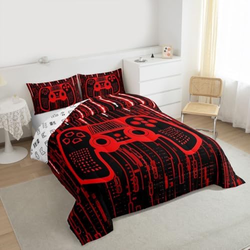 Feelyou Kids Boys Red Gamer Bedding Set Full Size, Light 3D Gaming Comforter Gamer Comforter Set for Gamepad Duvet Set Modern Game with 2 Pillow Case Room Decor Quilt Set Bedding Collection - Image 2