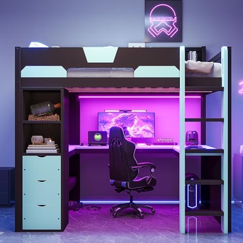 Merax Full Size Wood Gaming Loft Bed with U-Shaped Desk, Lights & USB Ports - Image 3