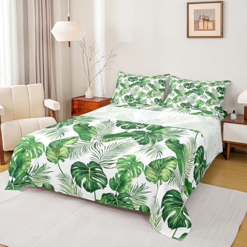 Erosebridal Palm Leaves Bed Sheets Hawaiian Sheet Set Monstera Banana Leaves Bedding Set King Size Summer Tropical Leaves Fitted Sheet for Living Room Bedroom Decor, Green White Flat Sheet - Image 2