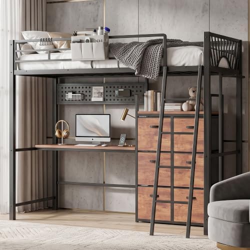 Decofy Twin Loft Bed with Desk and 6 Storage Drawers, Metal Loft Bed Twin Size with Charging Station & LED Lights, Bed Frame with Hanging Rod, Safety Ladder & Guardrail, Bedside Caddy for Kids, Teens - Image 4