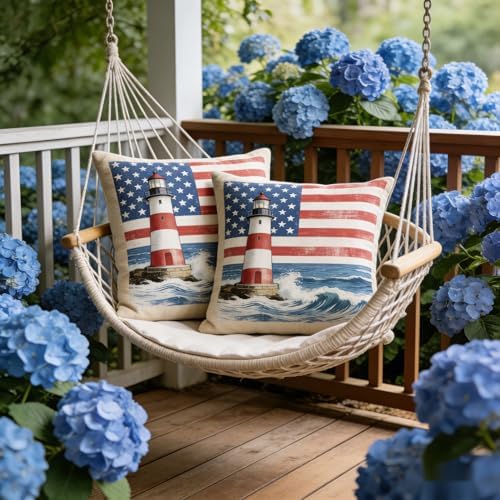 Patriotic Lighthouse Throw Pillow Covers, Linen, 18x18 Inch, Set of 2, Farmhouse Style, 4th of July Independence Day Décor - Image 5