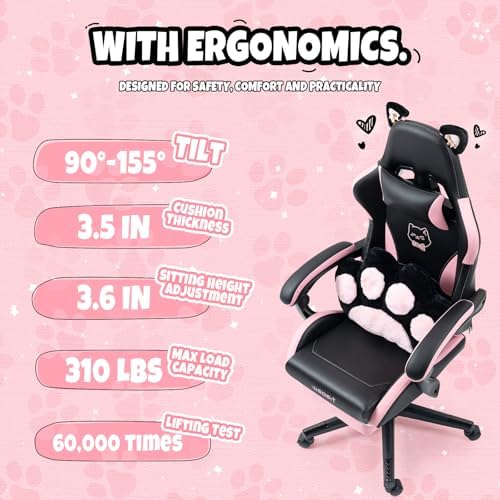 Cute Ergonomic Gaming Chair with Footrest, Girls Pink Gaming Chair with Cat Ears & Paw Lumbar Pillow for Adults Women Teens, 310 Lbs Capacity (Cute Black+Pink) - Image 4