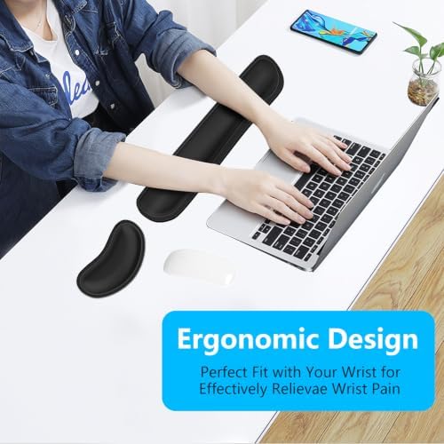Dapesuom Keyboard Wrist Rest Set, Cute PU Leather Wrist Cushion for Computer Keyboard and Mousepad, Memory Foam Mouse Pad Rests Support with Non-Slip Base for Typing Pain Relief, Laptop, Black - Image 2