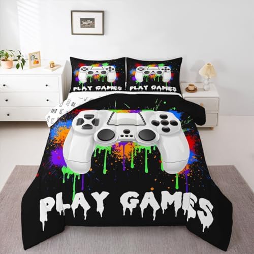Feelyou Kids Boys Graffiti Gamer Bedding Set King Size, Black Gaming Comforter Set Game Comforter for Game Room Decor Duvet Set Durable Bed Set 3Pcs Room Decor Quilt Set Bedding Collection - Image 4