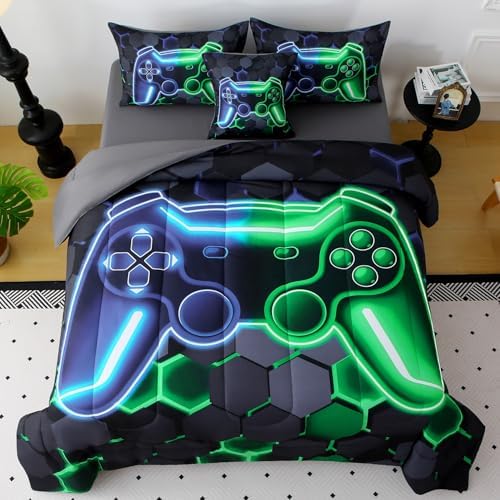 JQinHome Full Gaming Bedding Set 6-Piece Comforter for Kids Teens - 3D Video Game Console Print Bed in a Bag with Ultra-Soft Fluffy Sheets, Blue-Green Unisex Design (Full) - Image 2