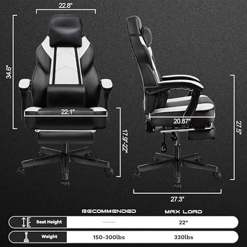 Gaming Chair for Adults, Video Game Chair with Footrest, Big and Tall Gaming Chair Heavy Duty Computer Chair with Massage Lumbar, Ergonomic Adjustable Height and 360° Swivel Seat, PU Leather, White - Image 3