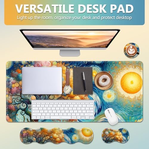 AIMSA Keyboard Mouse Pad Set, Large Gaming Mouse Pad + Wrist Rest + Mouse Pad with Wrist Support + Coaster, Easy Typing Pain Relief Desk Mat for Home Office, Starry Sky Tree - Image 2