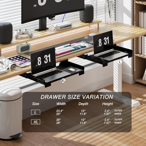 26 Inch Under Desk Mounted Sliding Loptop Drawer, Desktop Extension Pull-Out Laptop Tray for Office Desk, Extra Storage Organizer for Sit Stand Workstation - Image 3