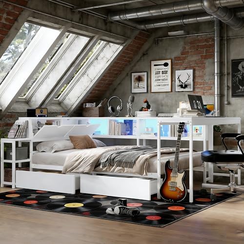 Bellemave Full Size Corner Bed Frame with Storage Drawers, Bookcase and Side Desk, Full Corner Bed with Light and Charging Station, Daybed for Bedroom, Living Room, Guest Room White - Image 4